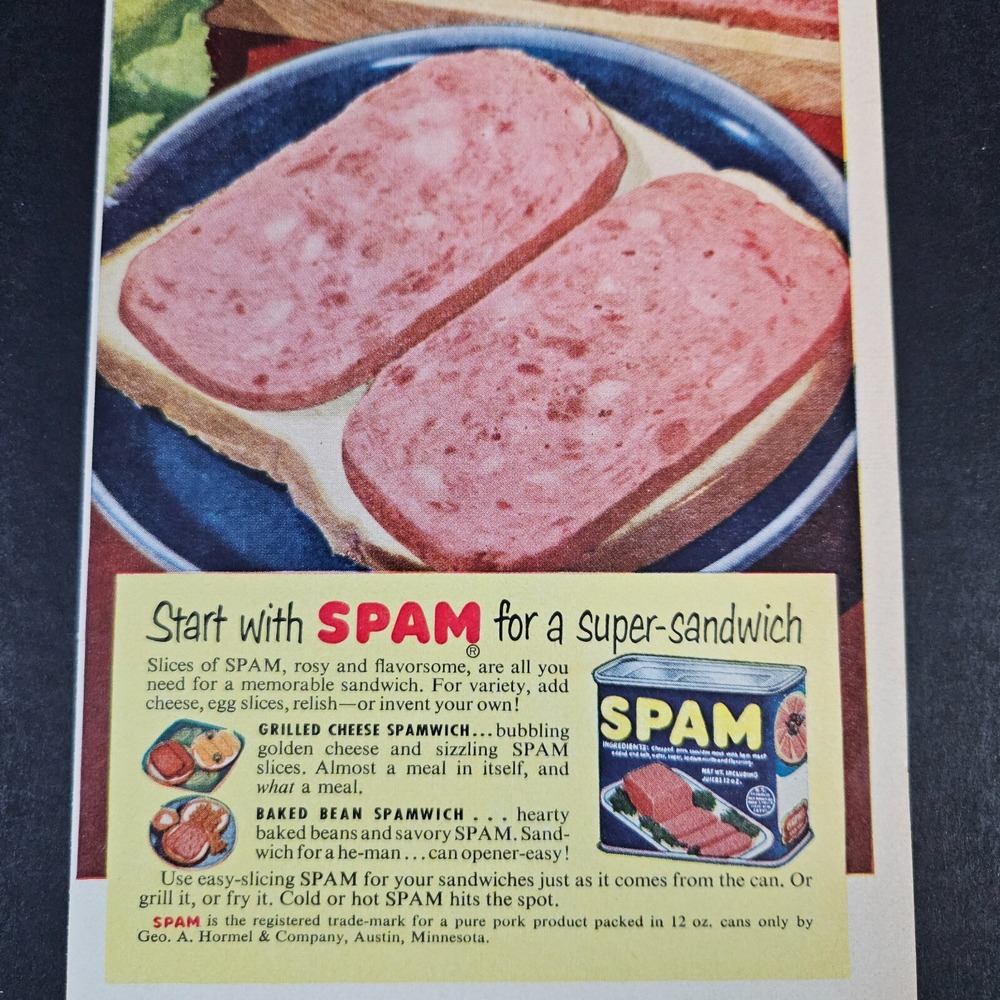 1953 Spam Vintage Print Ad Spamwich Hormel Good Food Austin MN Ham Dinty Moore